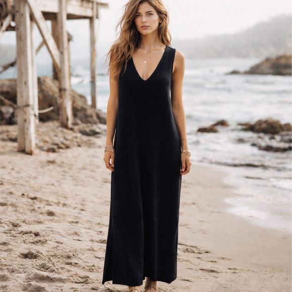 Free People FP Beach Black Knit Maxi Dress Small Oversized A-Line Sleeveless - Picture 2 of 16